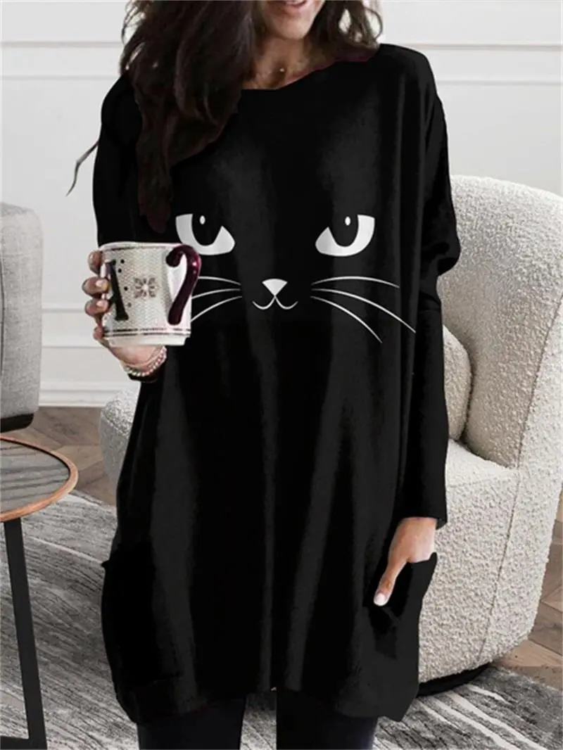 Autumn and winter new long hoodless sweatshirt, 3D printing, Halloween Black Cat