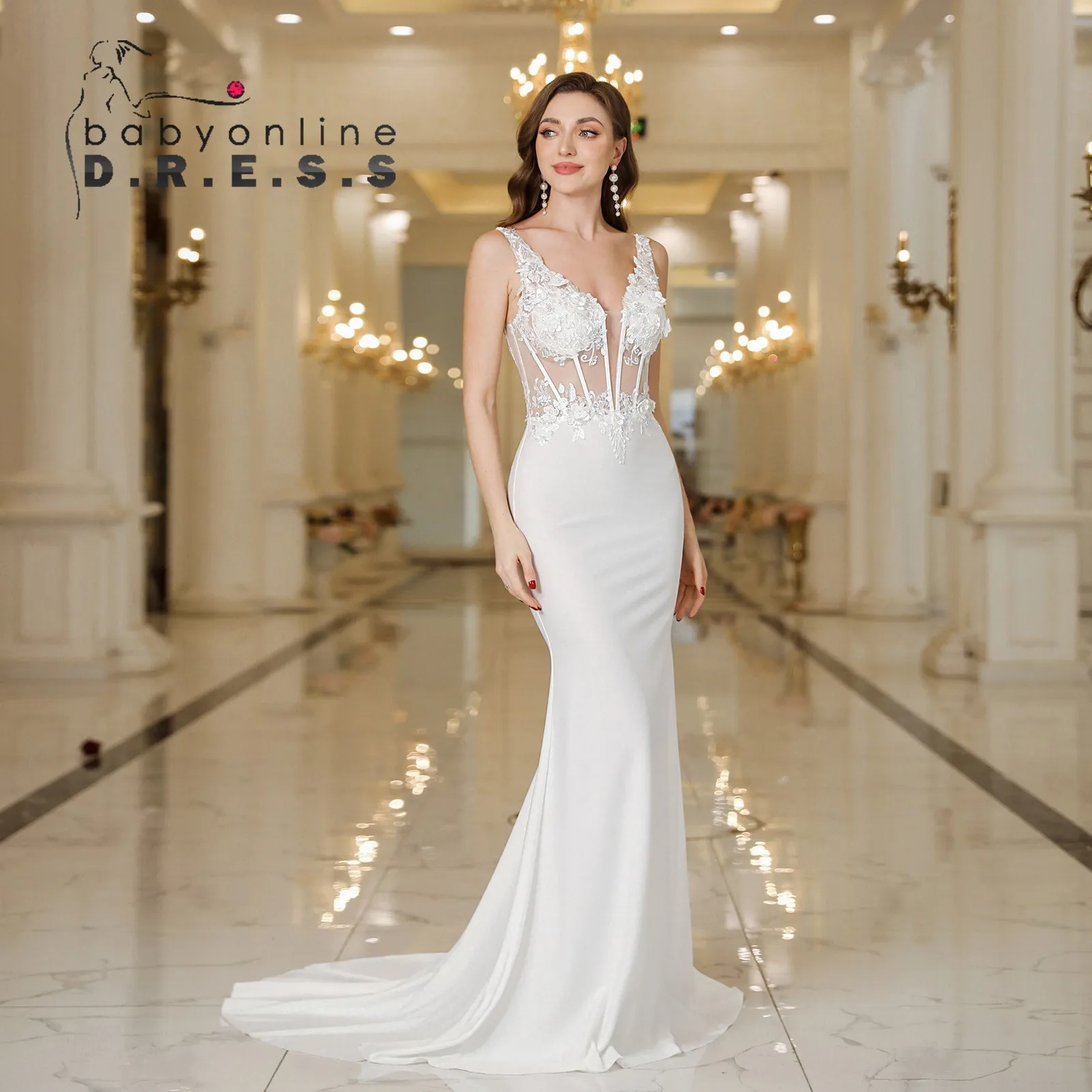 BABYONLINE Holy White Wedding Dress Beaded Floral Lace V neck Sleeveless Lace Ap