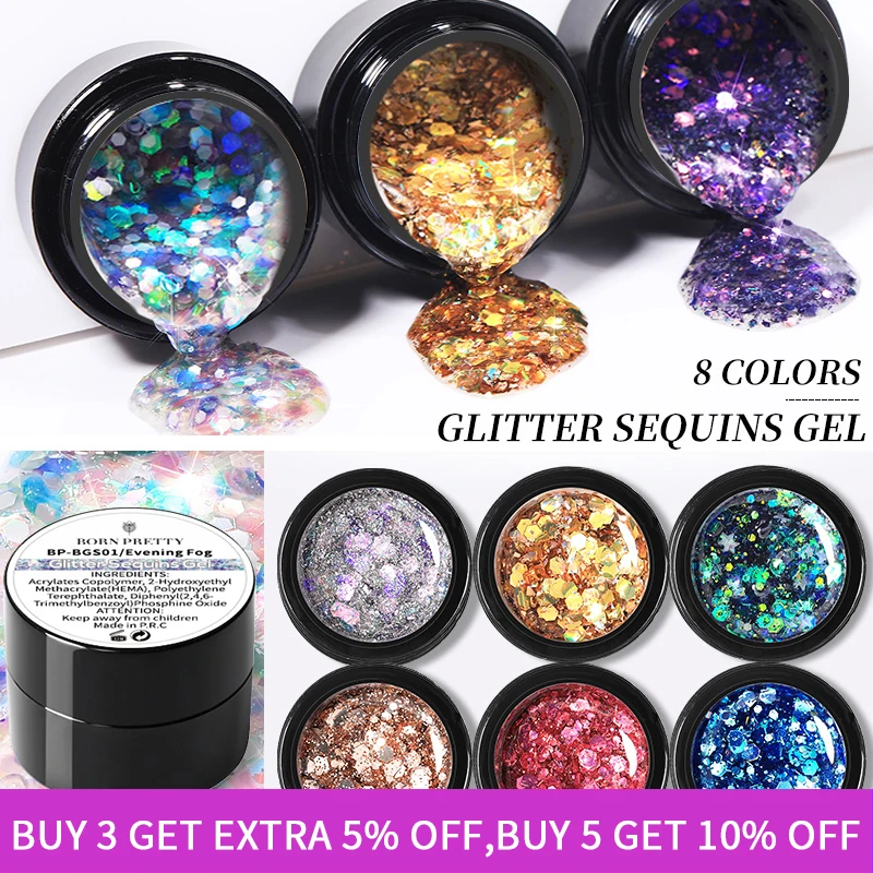 BORN PRETTY Shining Glitter Sequins Nail Gel Polish 5ml Soak Off UV LED Semi-Per