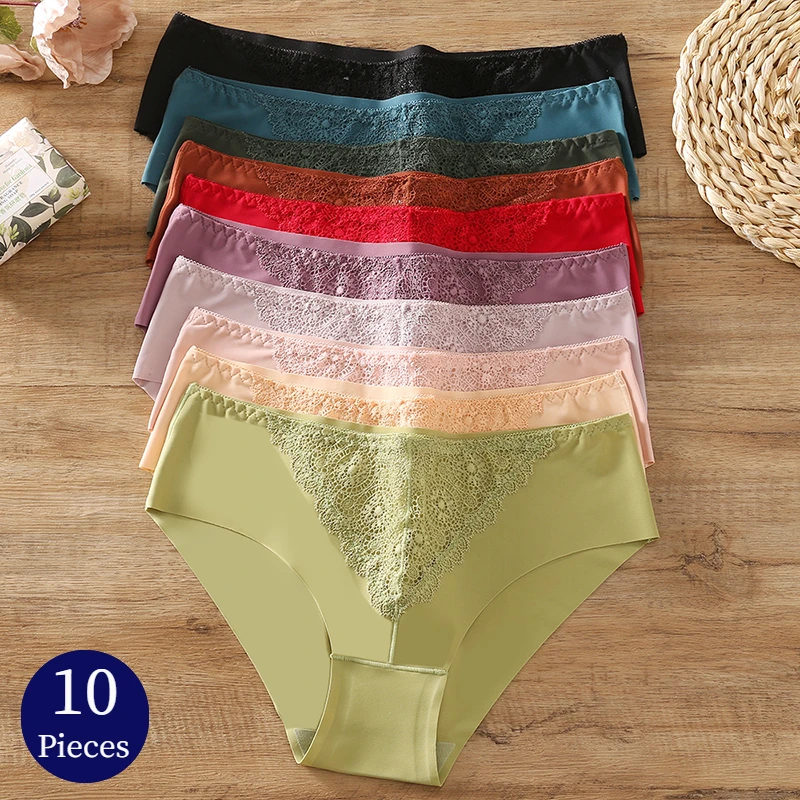 10PCS/Set Women's Panties Exquisite Sweet Lace Underwear Sexy Lingerie Silk Sati