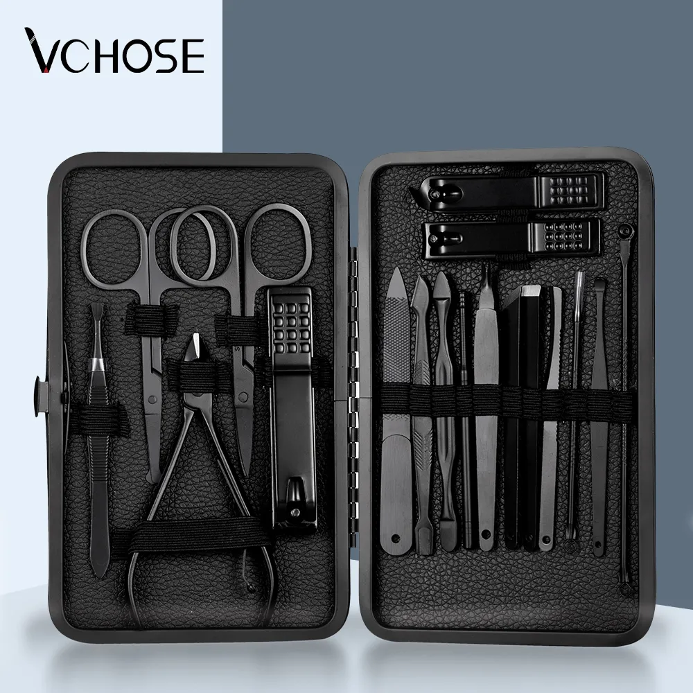 Black Nail Clipper Set Stainless Steel Manicure Nail Scissors Pedicure Kit Nippe