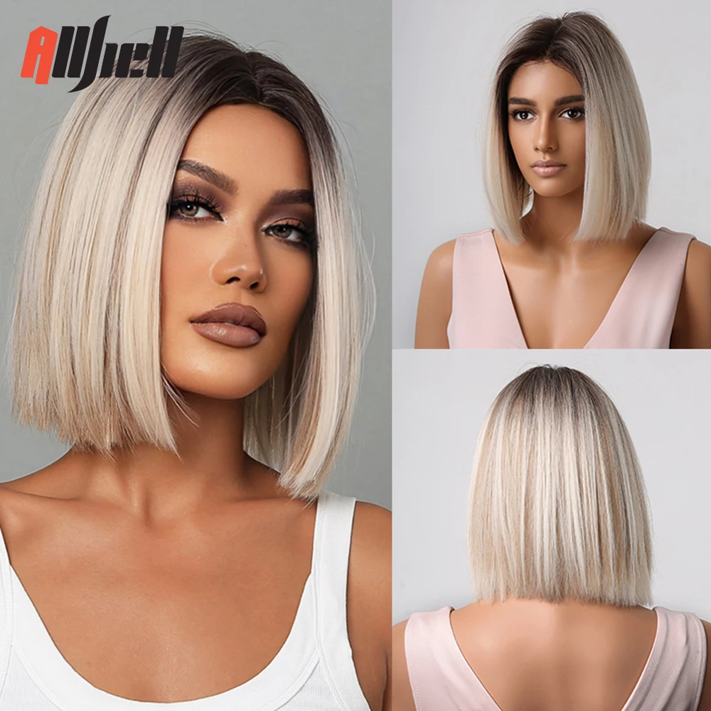 Brown Blonde Ombre Synthetic Wigs Short Straight Bob Wigs for Women Middle Part 