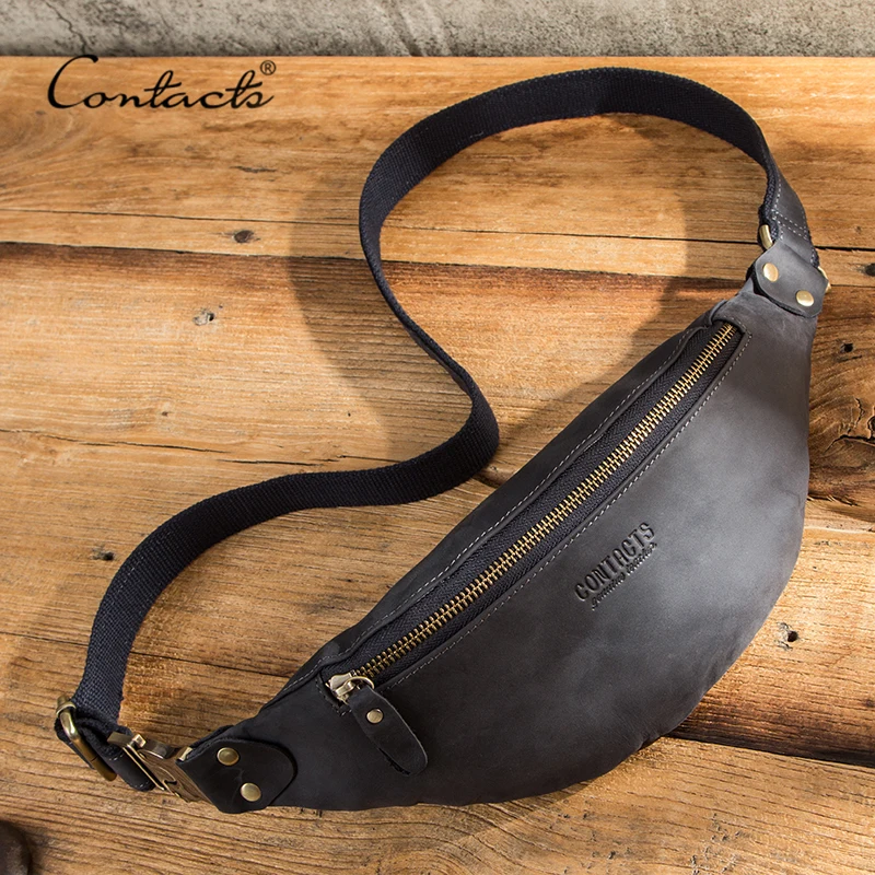 CONTACT'S 100% Crazy Horse Leather Waist Packs Travel Fanny Pack For Men Leather