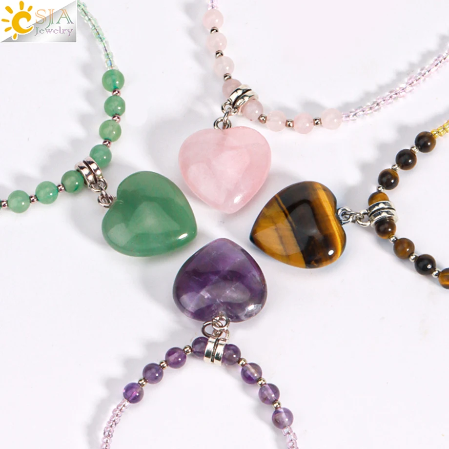 CSJA Heart Quartz Pendant Necklace for Women Healing Natural Stone Amethysts Cry