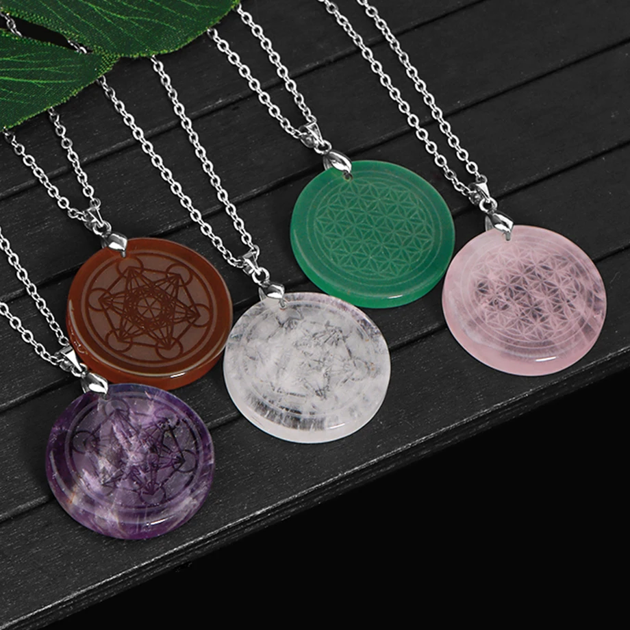 CSJA Natural Stone Round Pendant Necklace Carved 7 Chakra Tree of Life Flower of