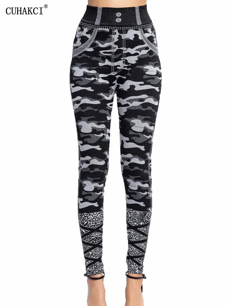 CUHAKCI Camouflage Printed Leggings Women Seamless Denim Sports High Waist Tight