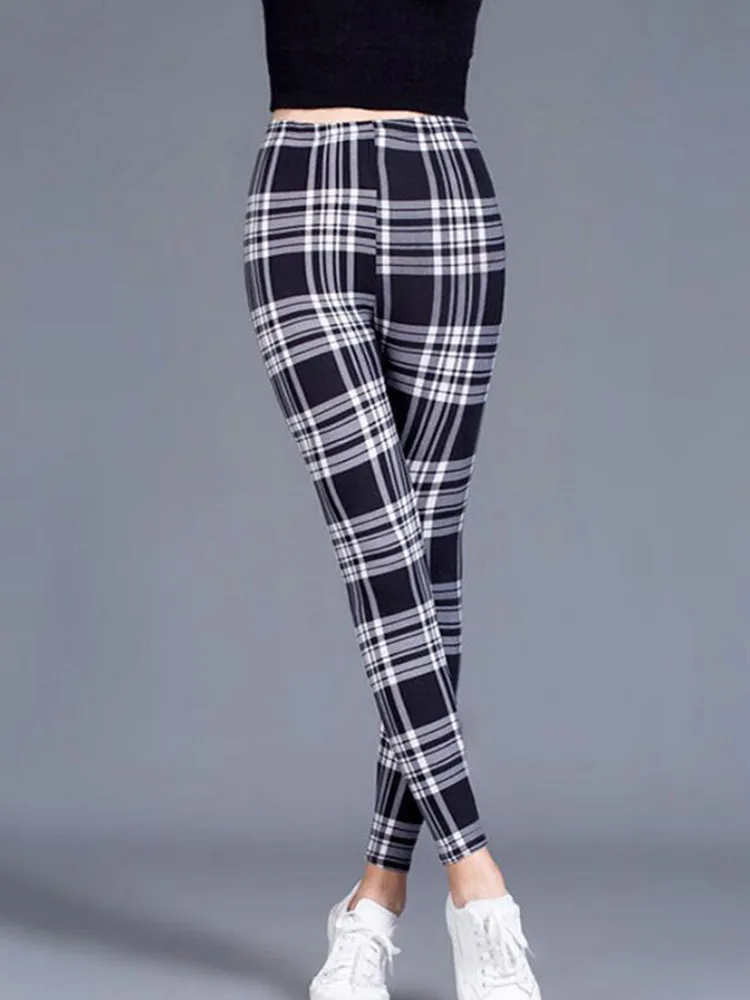 CUHAKCI Fashion Plaid Printing Leggings Women Sexy Fitness Leggins Grid Floral S