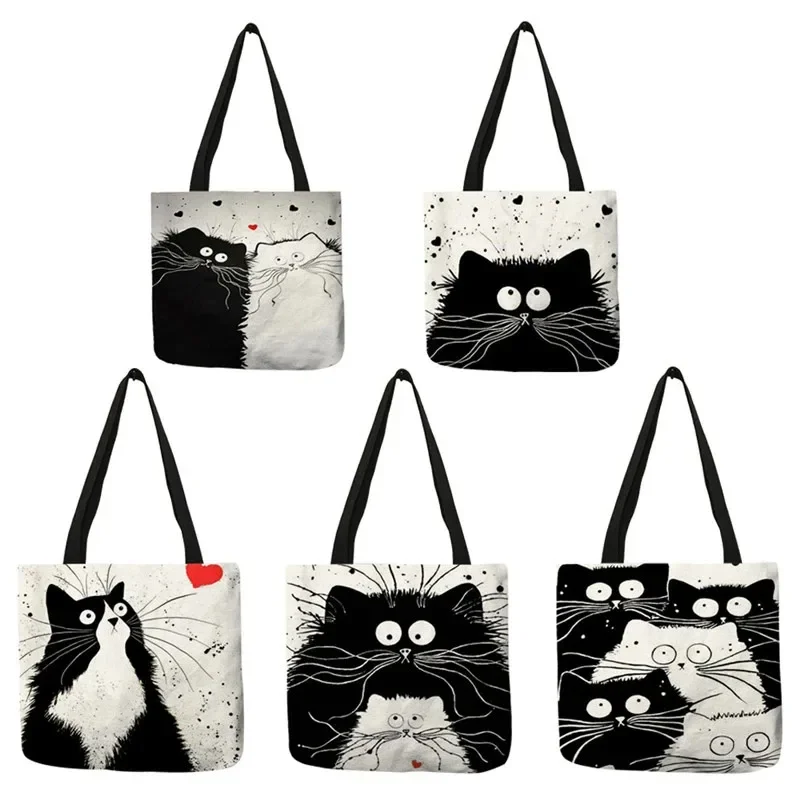 Canvas Tote Bag for Women Cute Cat Printed Fabric Eco Handbag High Capacity Shop