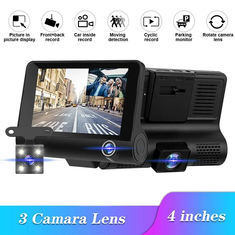 Car DVR HD Large Screen 3 Cameras with Reversing Video Recorder Three Way Camera
