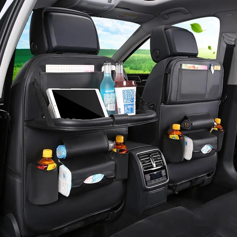 Car Seat Back Organizer with Foldable Table Tray PU Leather Storage Organizer wi