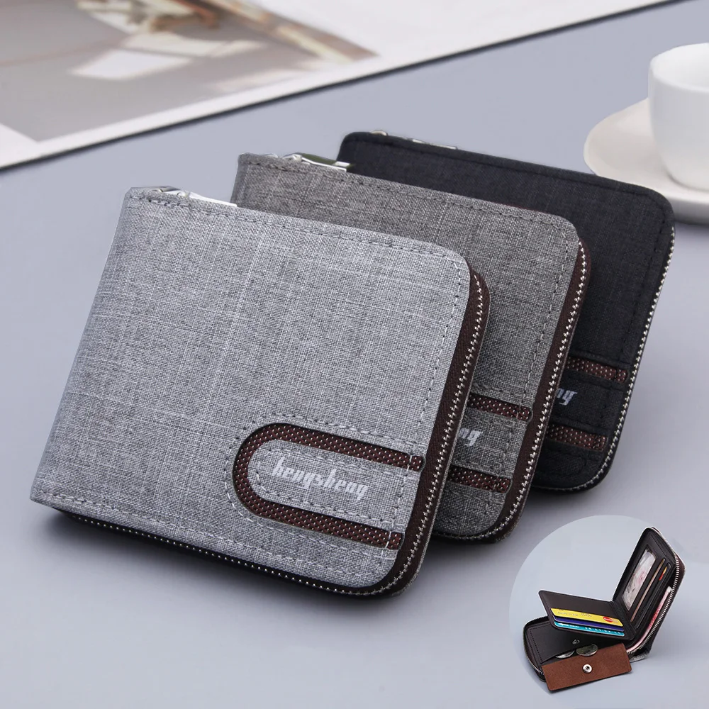 Casual Men's Short Wallet Canvas Solide Short Wallets Men Zipper Vintage Male Pu