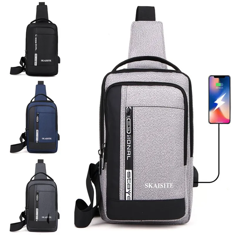 Casual Oxford Men's Chest Bag with USB Charging Port Outdoor Cross Bag Men Handb