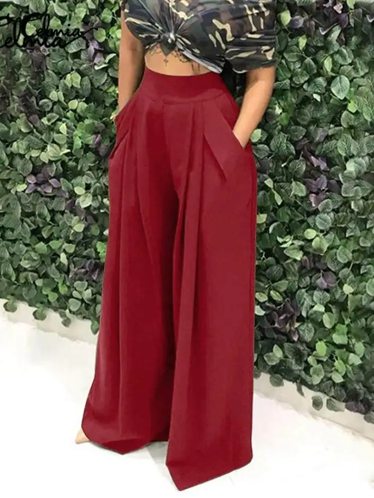 Celmia 2023 Autumn Women Wide Leg Pants Fashion High Waist Pleated Trouser Casua