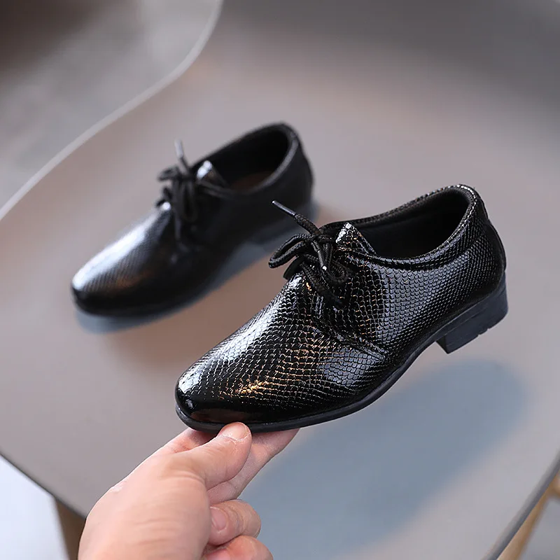 Child Boys Black Leather Shoes Britain Style for Party Wedding Low-heeled Lace-u