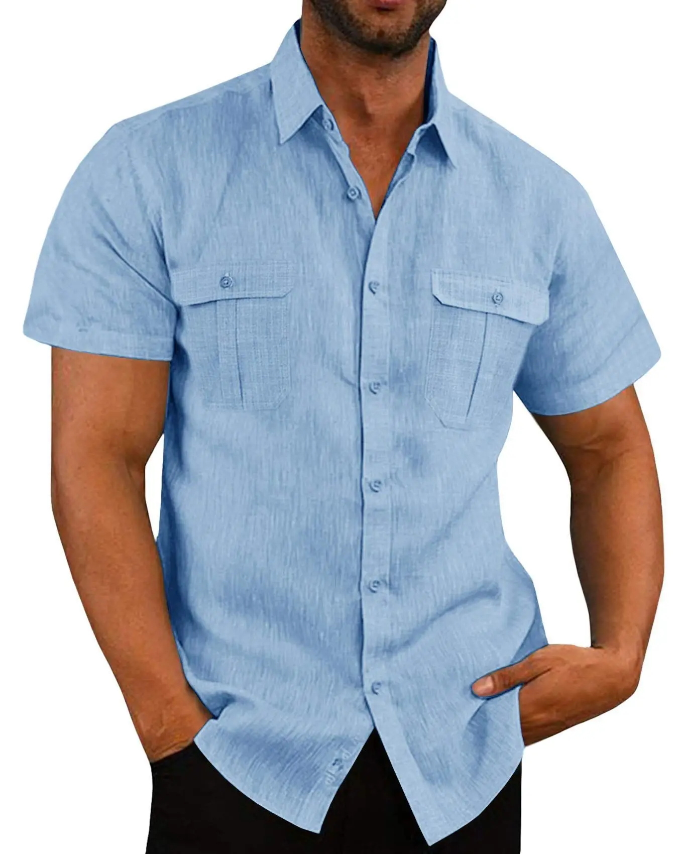 Cotton Linen Hot Sale Men Short-Sleeved Shirts Summer Solid Color Stand-Up Colla
