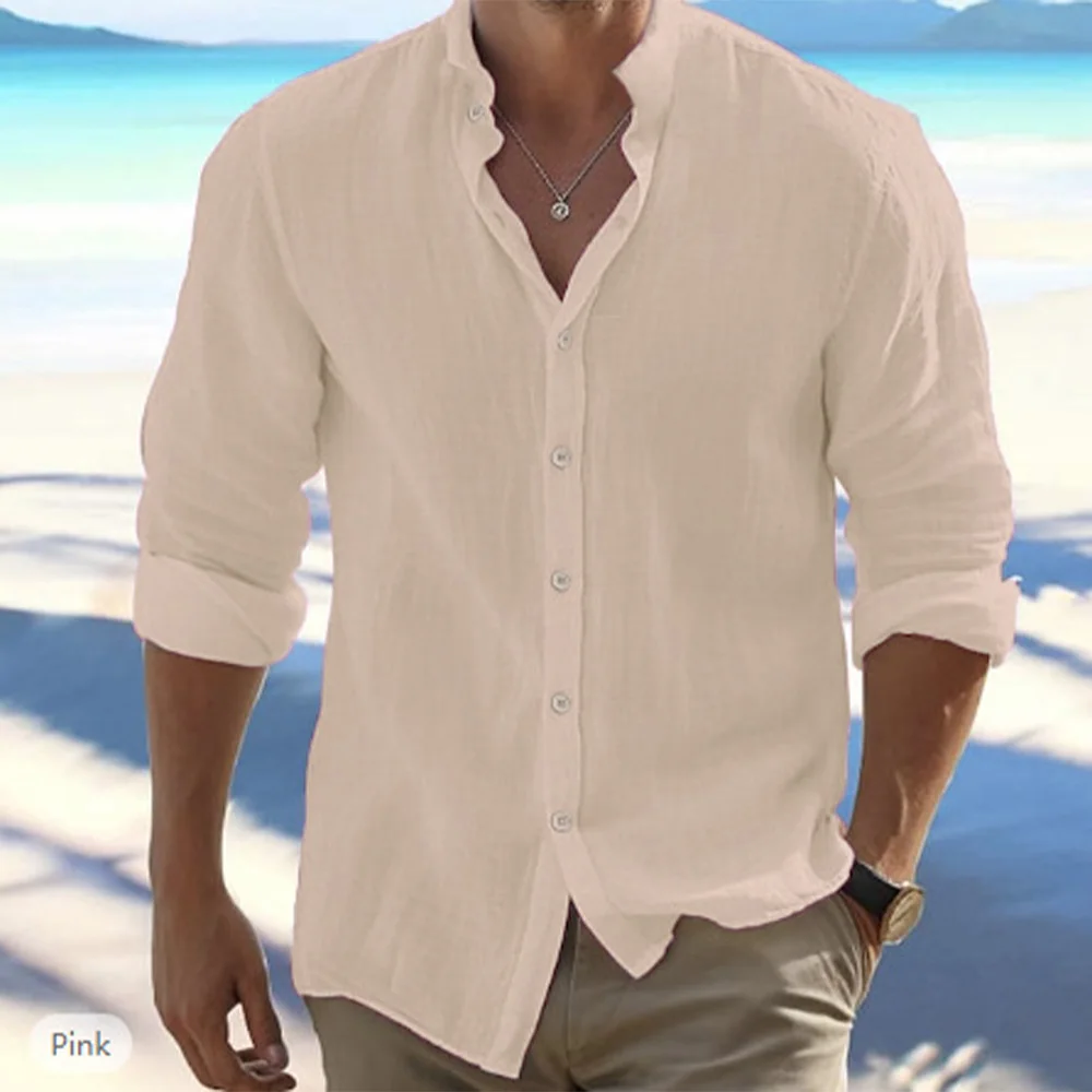 Cotton Linen Hot Sale Men's Long-Sleeved Shirts Summer Solid Color Stand-Up Coll