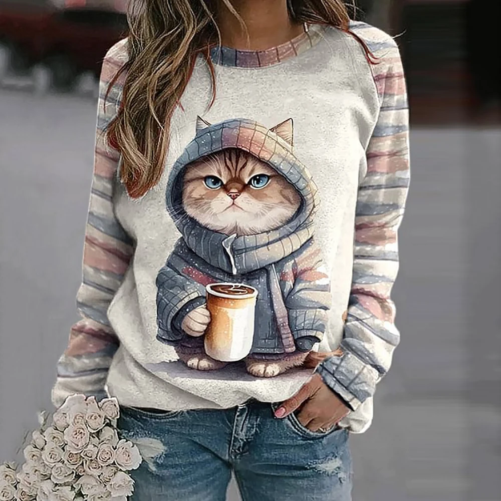 Cotton Long Sleeve T-Shirts For Women Funny Kawaii Cat Animals Print Sweatshirts