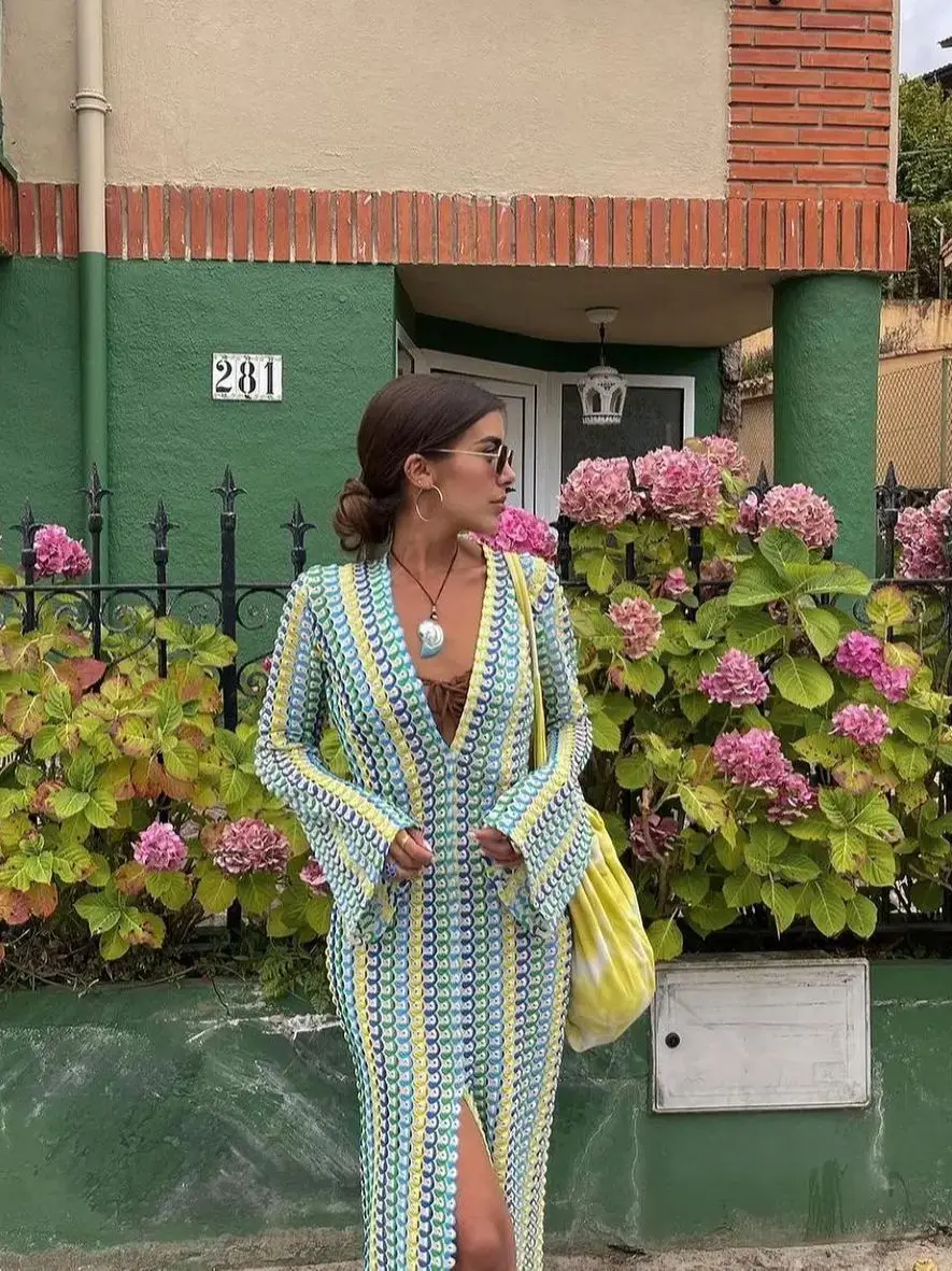 Crochet Colorful Stripe Maxi Dress Women Flare Sleeve V-neck High Split Sexy Lon