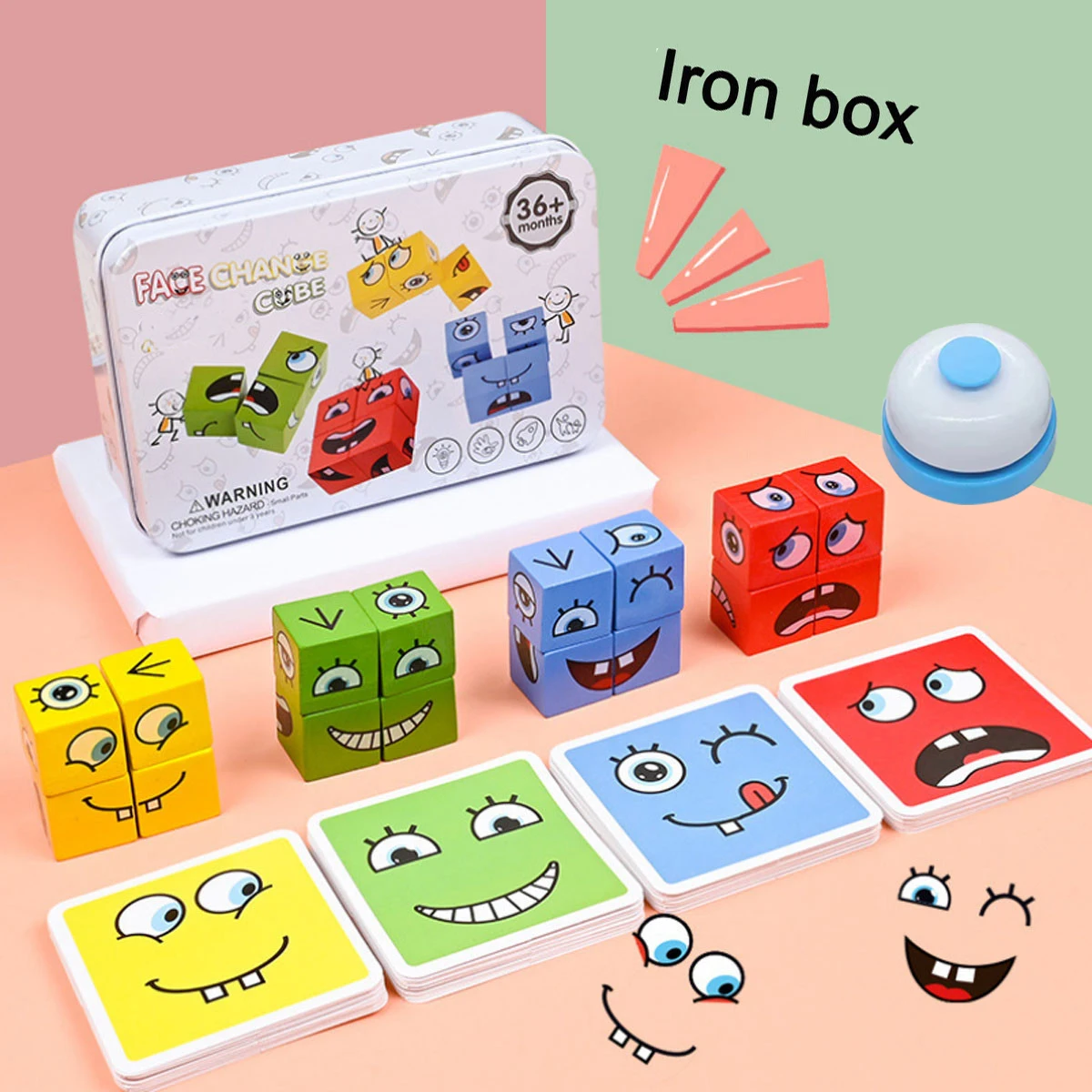 Cube Face Changing Building Blocks Board Game Wood Puzzle Montessori Expression 