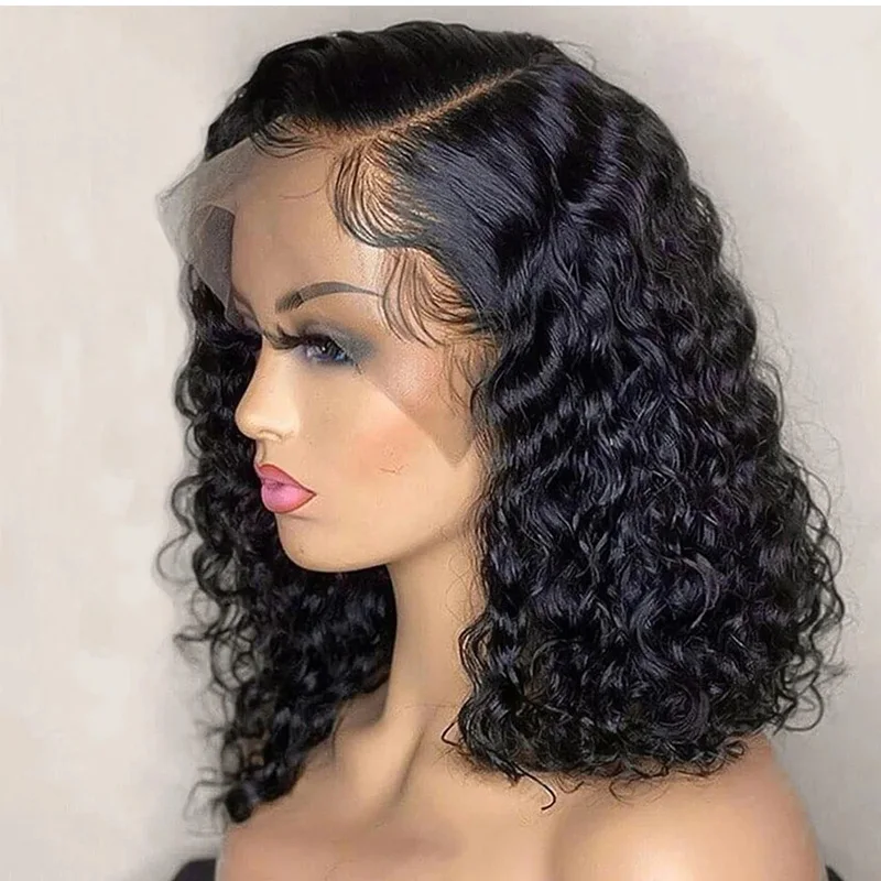 Deep Wave 180% Density Pre-Plucked Side Part Short Bob 13*4 Lace Frontal Brazili