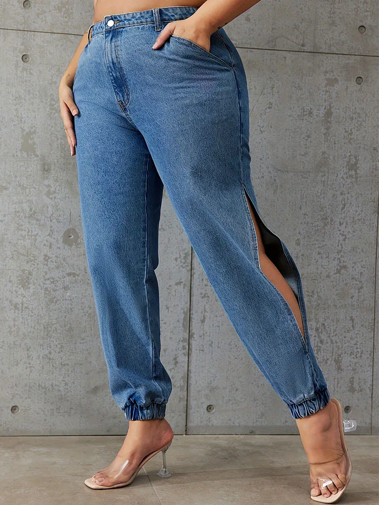 DenimColab Women's Solid Plsu Size Jeans New Fashion Split Cotton Denim Corset P