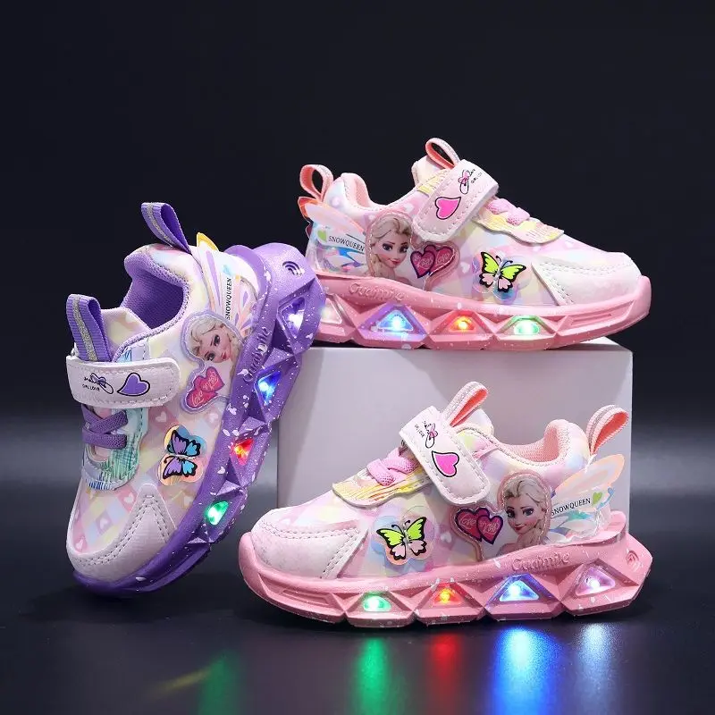 Disney LED Casual Sneakers For Spring Girls Frozen Elsa Princess Print Pu Leathe