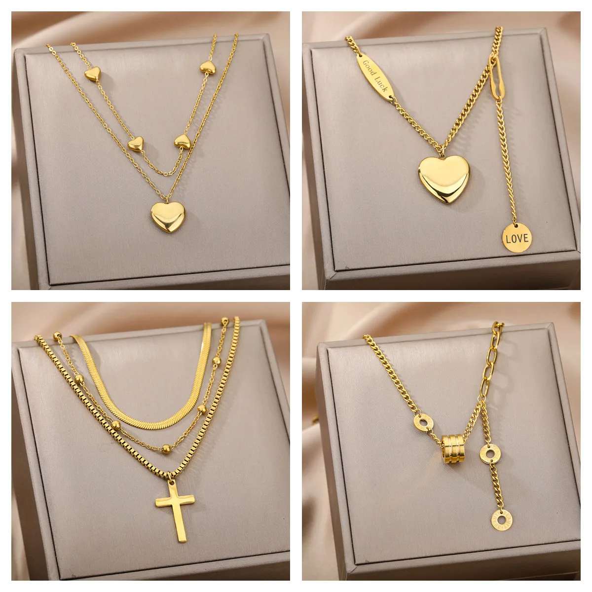Double Layer Hollow Clavicle Chain Stainless Steel Necklace For Women Punk Hip-H