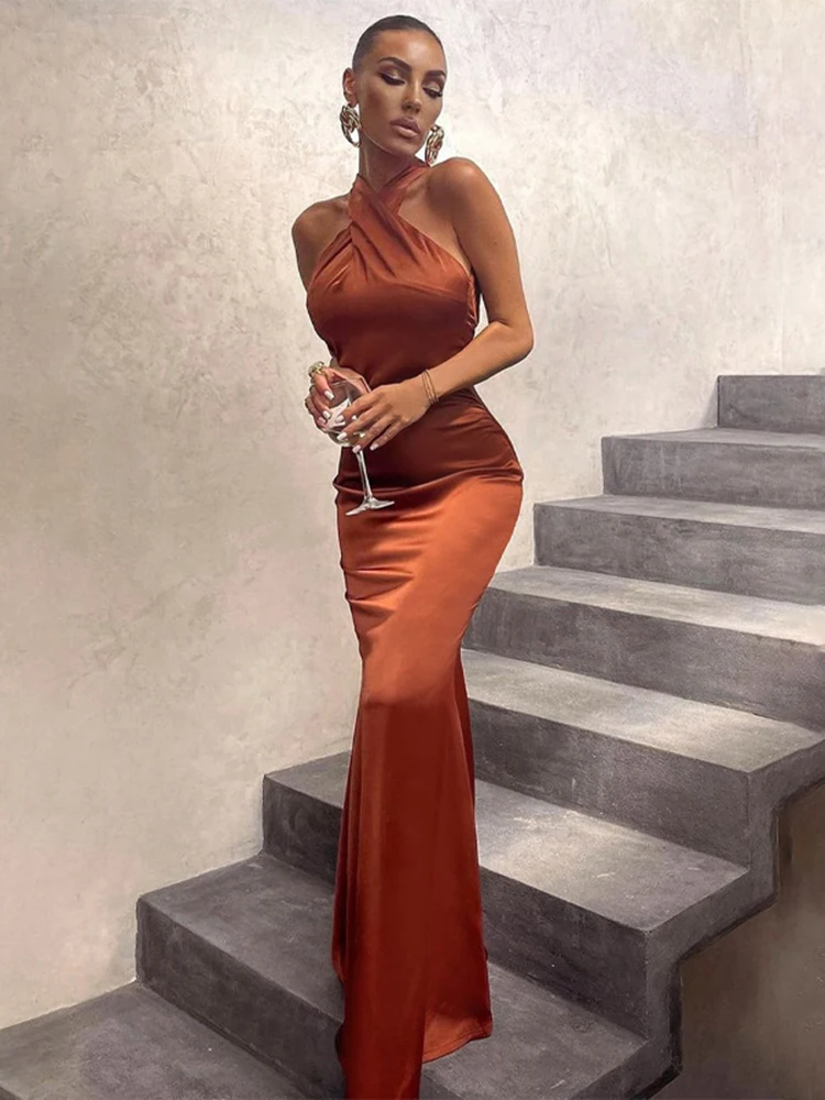 Dulzura Sleeveless Cross Halter Satin Midi Dress Backless Bodycon Sexy Elegant P