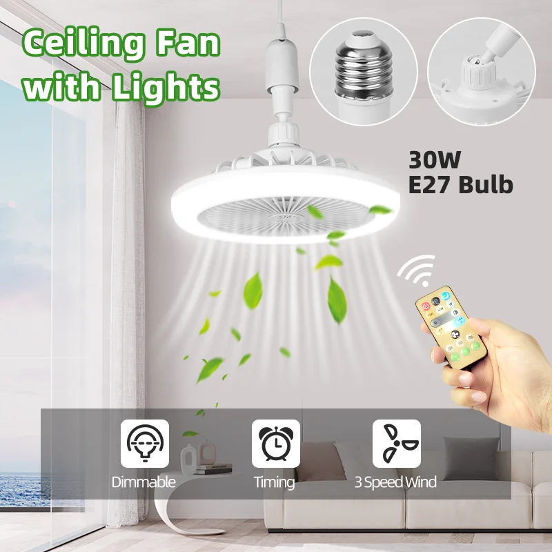 E27 Ceiling Fan With Light And Remote Control Stepless Dimmable 30W Modern Smart