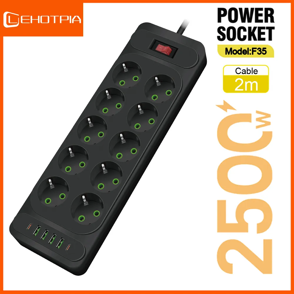 EU Plug AC Outlet Multitap Power Strip 2m Extension Cord Electrical Socket Smart