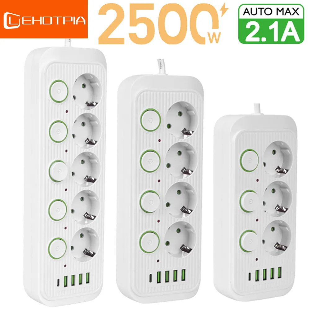 EU Plug Multiple Sockets AC Outlets Power Strip Extension Cable With USB Ports S