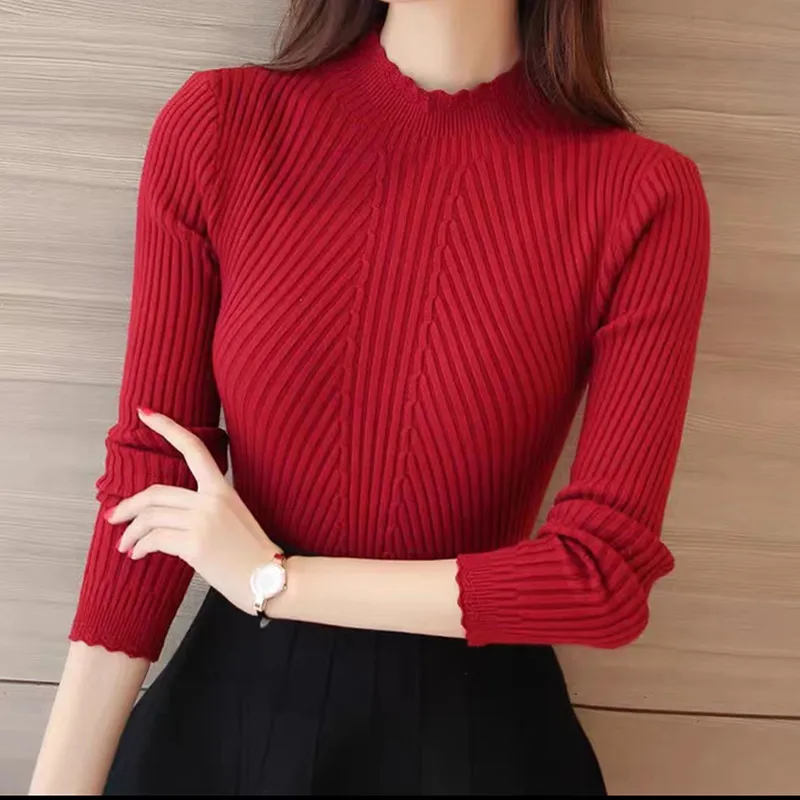 Autumn Women Mock Neck Ruffles Sweater Long Sleeve Knitted Bottoming Solid Pullo