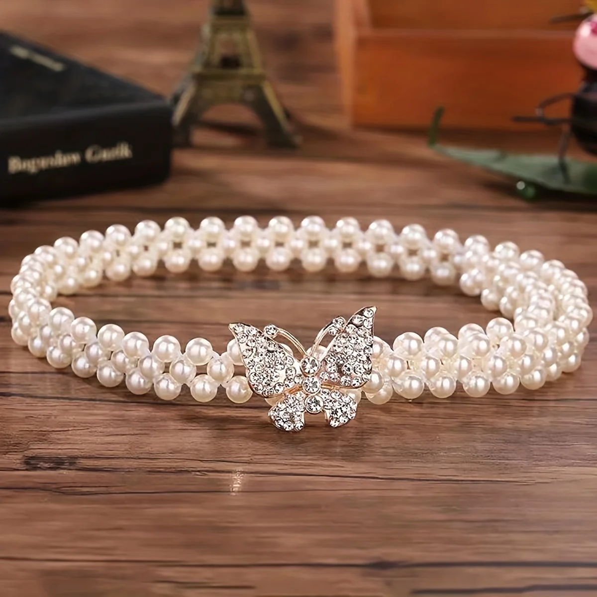 Elegant Butterfly Buckle Belt with Faux Pearls and Rhinestones - Elastic Waistba