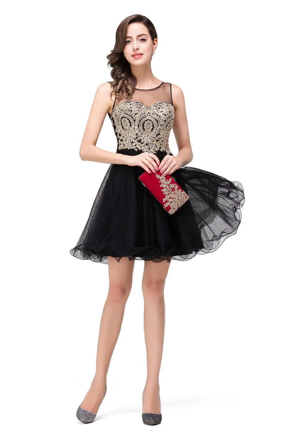 Elegant Homecoming Dresses Golden Appliques A-Line V Neck Sexy Backless Short Pr
