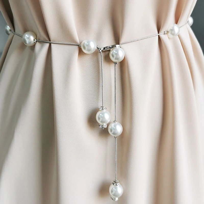 Elegant Pearl Women's Belt Simple Adjustable Metal Thin Chain Belt For Ladies Dr