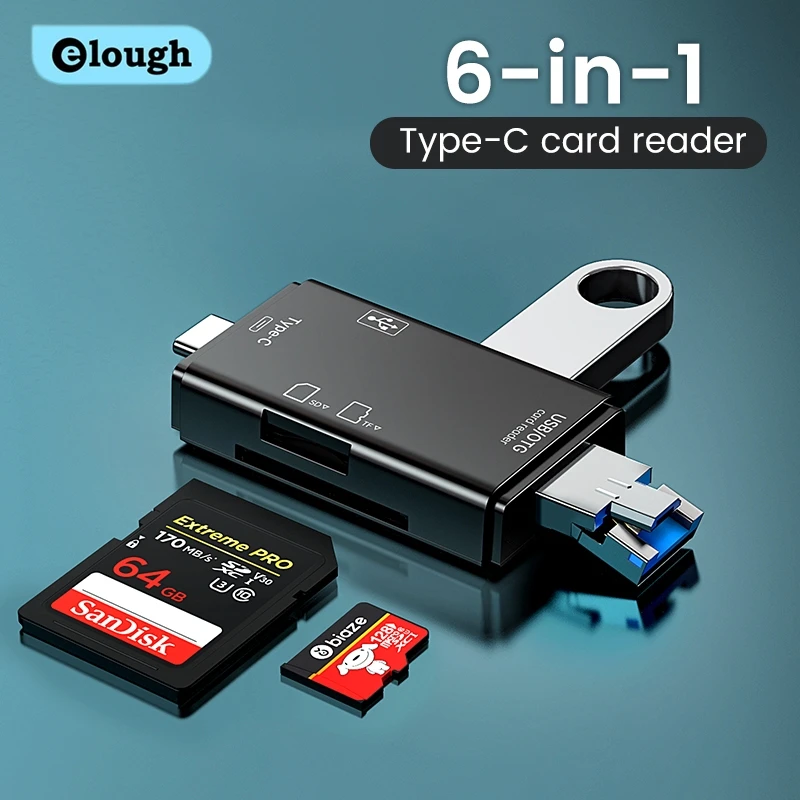 Elough 6 in 1 Card Reader OTG Type C Micro SD Card Reader Flash Drive Smart Memo