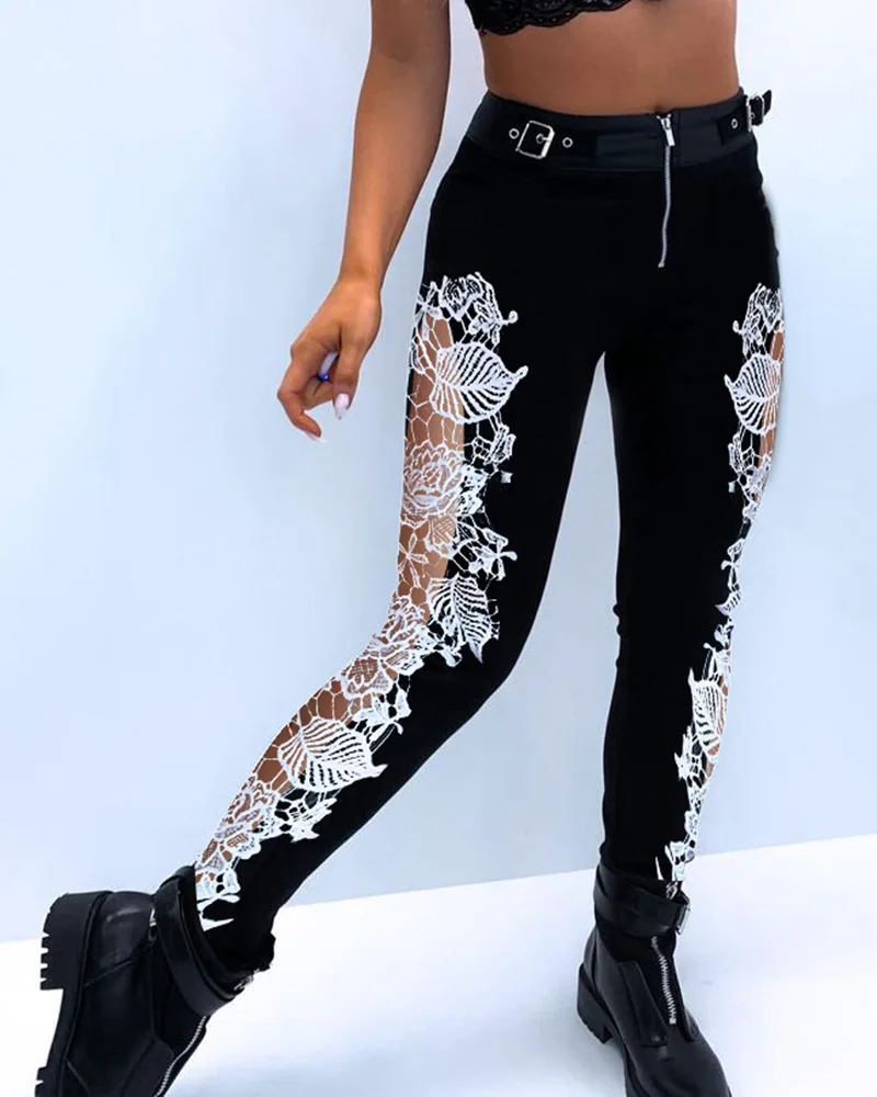 Eyelet Buckled High Waist Zipper Design Pants Women Punk Solid Color Fashion Cas