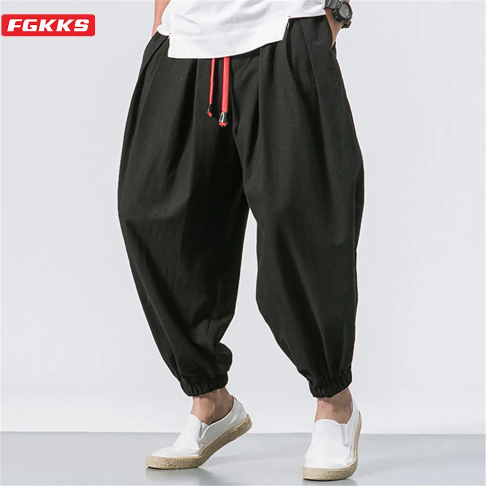 FGKKS New Oversize Men Loose Harem Pants Autumn Chinese Linen Overweight Sweatpa