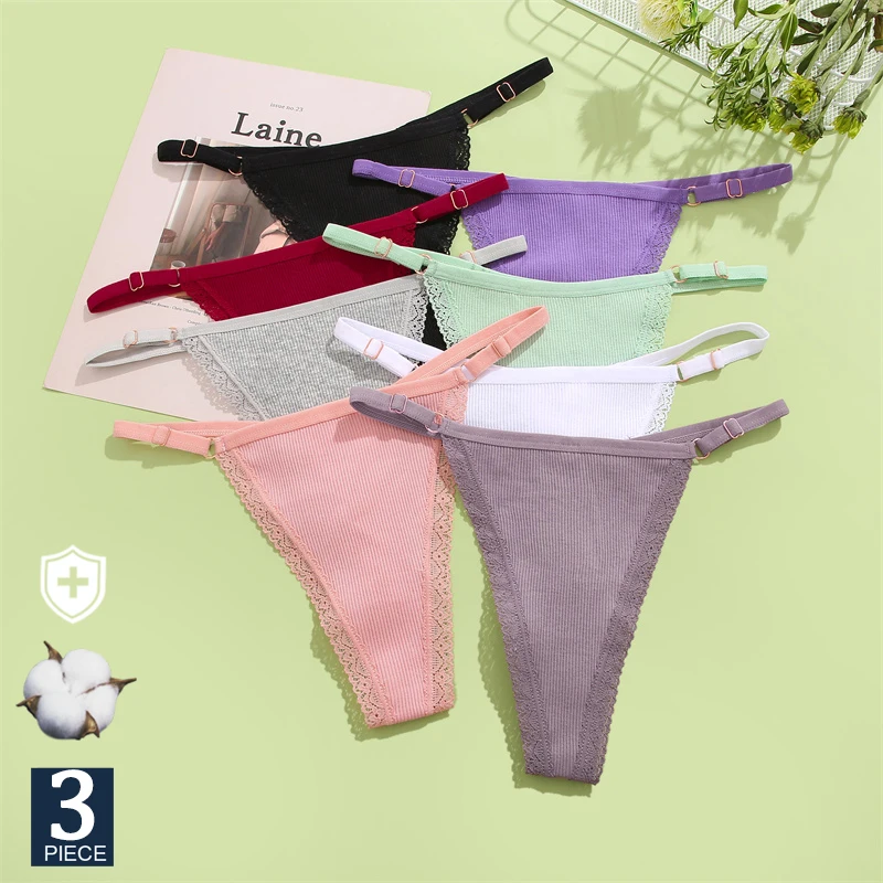 FINETOO 3PCS/Set Sexy G-string Panties Cotton Women's Underwear Adjustable Waist