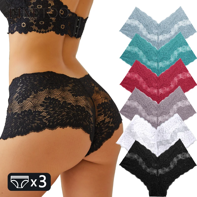 FINETOO 3PCS Women Lace Panties Sexy Floral Perspective Underpants Female Low Ri