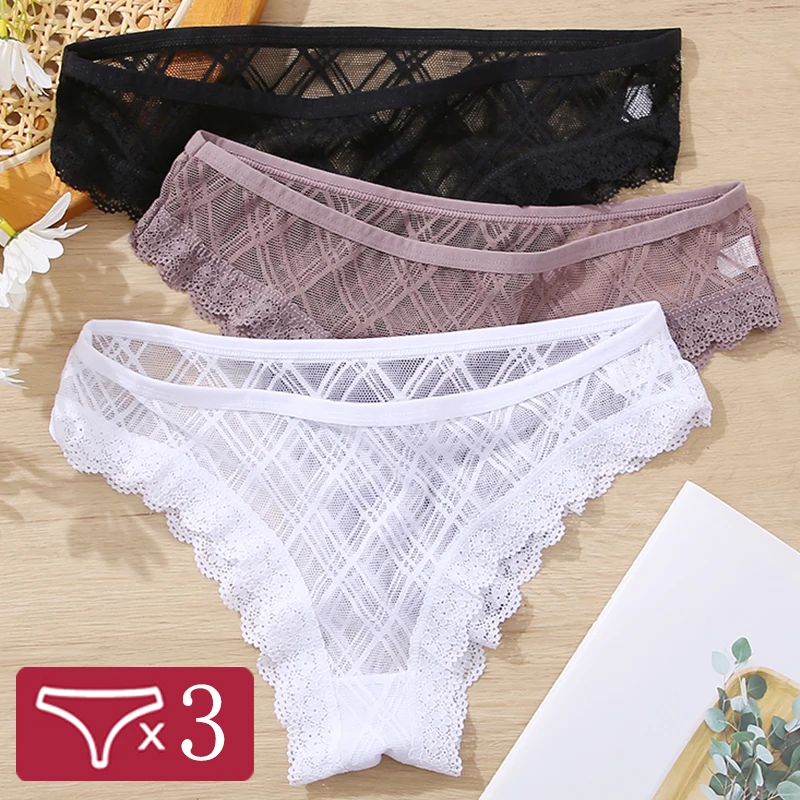 FINETOO 3Pcs/Set Women Lace Panties Sexy Low Waist Brazilian Briefs Transparent 