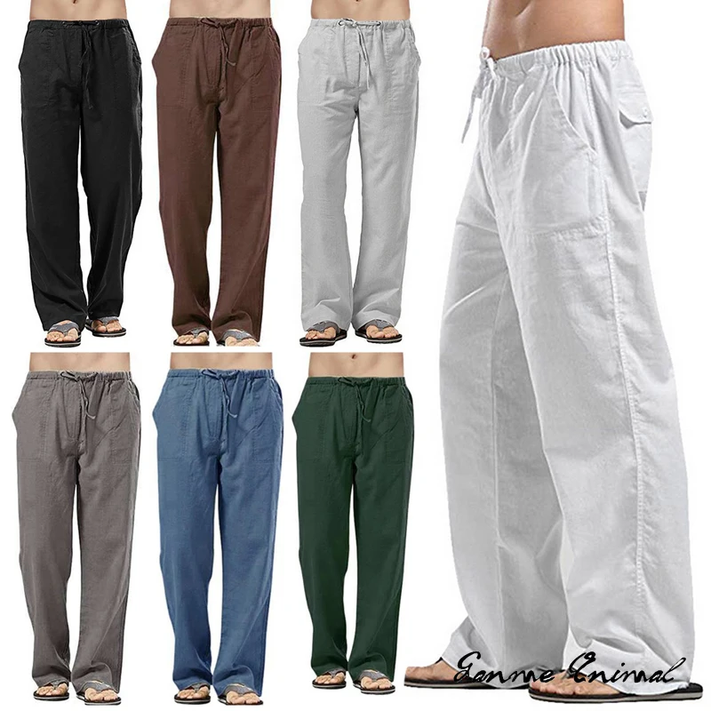 Fashion Mens Linen Wide Pants Korean Trousers Oversize Sports Streetwear Male Sp