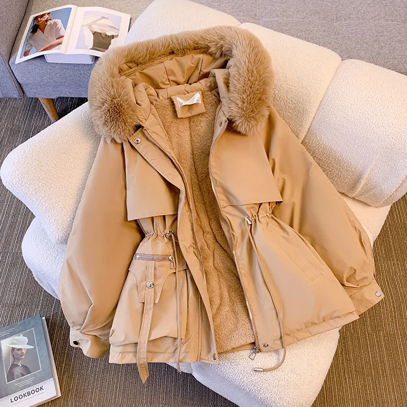 Fleece Lined Hood Down Jacket Winter Coat for Women Warm Drawstring Padded Parka