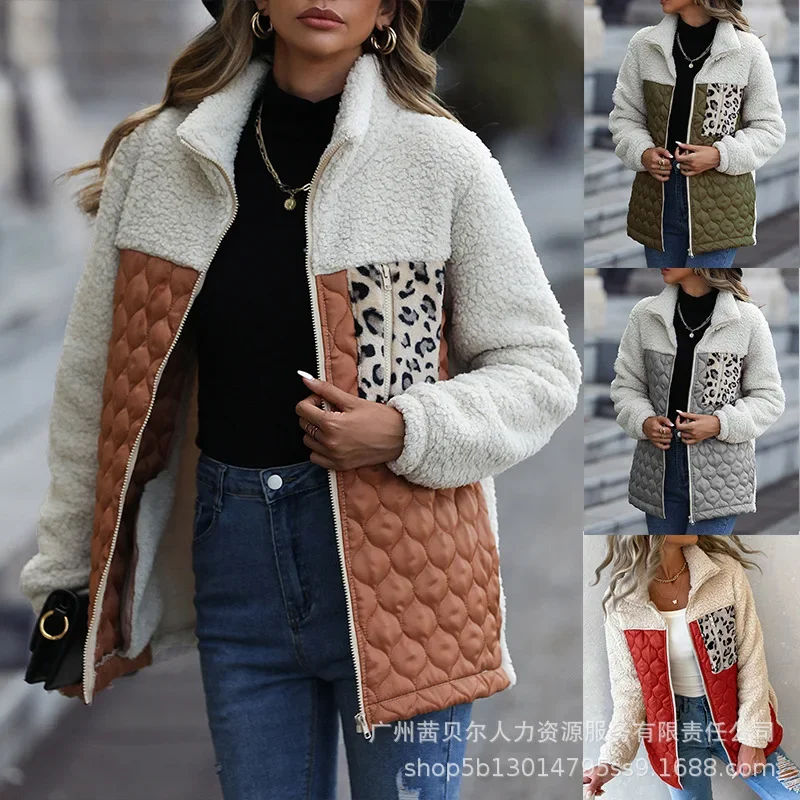 Fly Puffer Teddy Coat Women Leopard Colorblock Zipper Thick Parkas Jackets Turn 