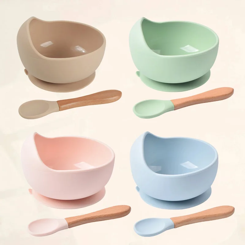 Food Grade Silicone Baby Feeding Bowl Set Solid Color Waterproof Kids Feeding Bo