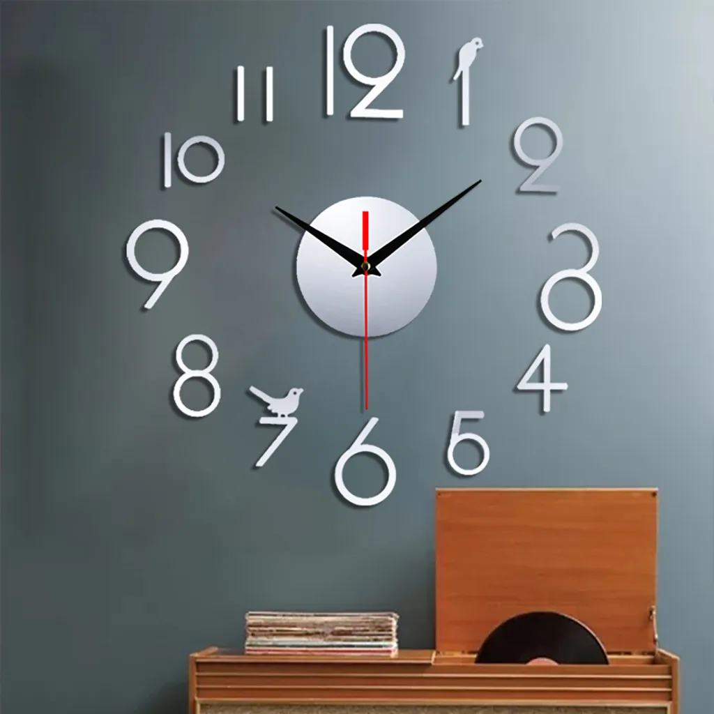 Frameless DIY Wall Mute Clock 3D Mirror Surface Sticker Home Office Decor