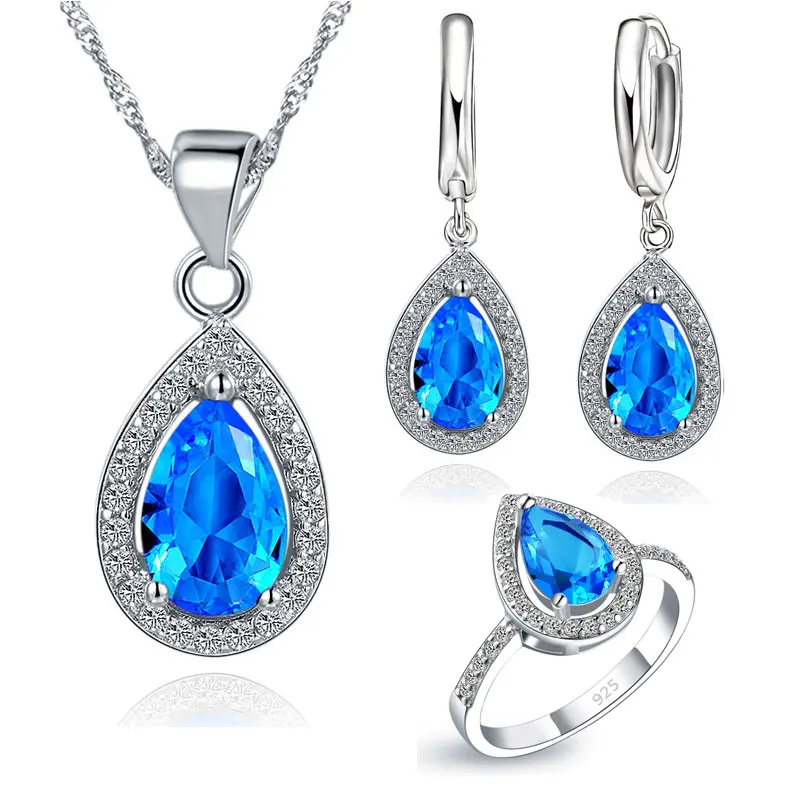 Purple Jewelry Sets Water Drop Cubic Zirconia CZ Stone 925 Sterling Silver Earri