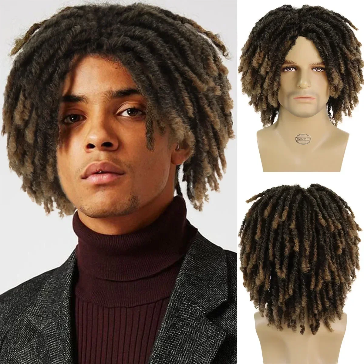 GNIMEGIL Synthetic Short Braided Wig for Men Afro Bob Ombre Brown Crochet Twist 