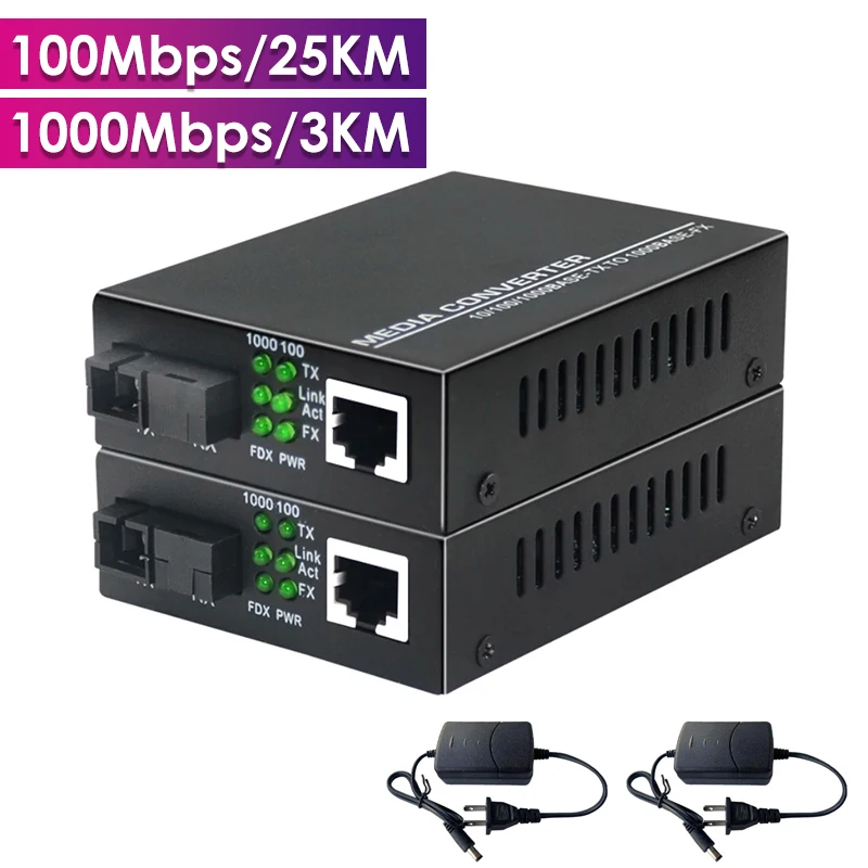 Gigabit Fiber Optical Media Converter 1000/100Mbps Ethernet RJ45 Single Mode Sin