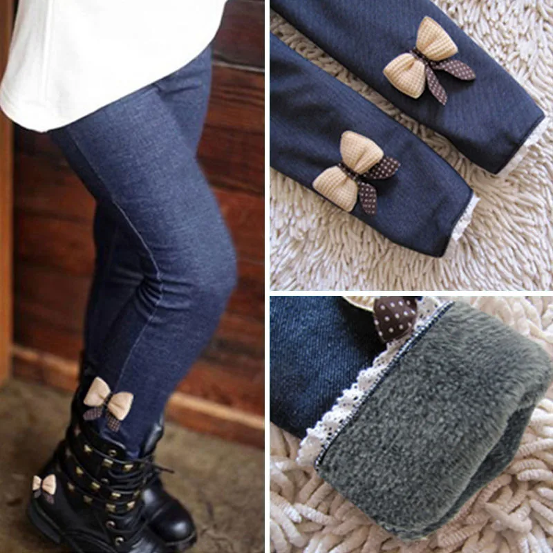 Girls Pants Thick Warm Winter Spring Jean Bow Bottom Leggings Kids Trousers Chil